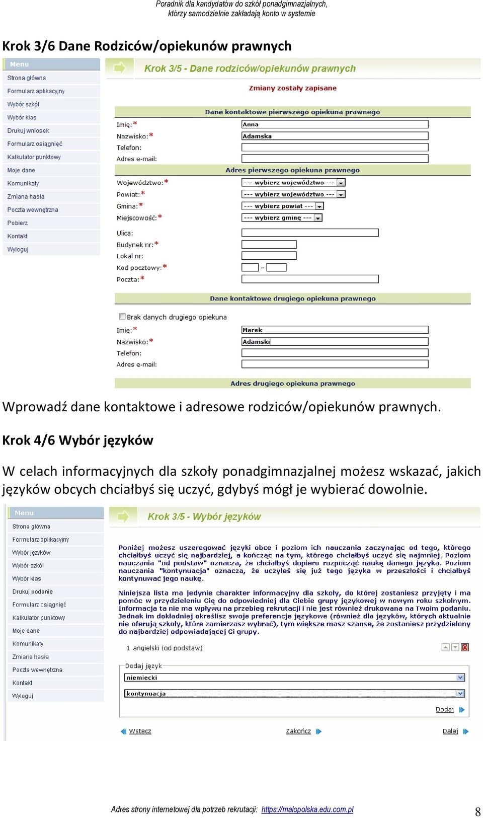 Krok 4/6 Wybór języków W celach informacyjnych dla szkoły