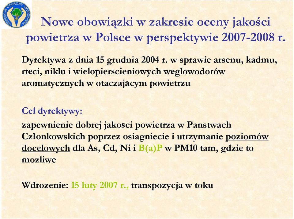 w sprawie arsenu, kadmu, rteci, niklu i wielopierscieniowych weglowodorów aromatycznych w otaczajacym powietrzu Cel