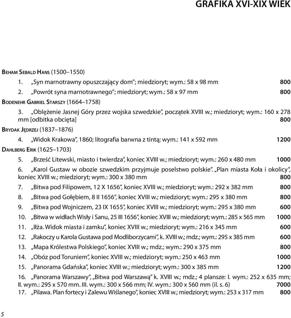 : 160 x 278 mm [odbitka obcięta] 800 Brydak Jędrzej (1837 1876) 4. Widok Krakowa, 1860; litografia barwna z tintą; wym.: 141 x 592 mm 1200 Dahlberg Erik (1625 1703) 5.