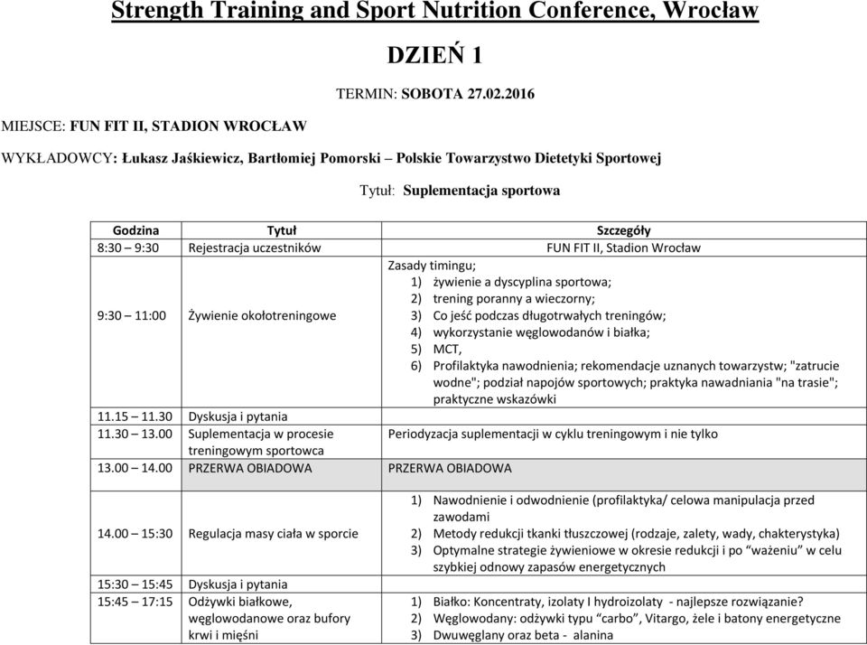 Rejestracja uczestników FUN FIT II, Stadion Wrocław 9:30 11:00 Żywienie okołotreningowe 11.15 11.30 Dyskusja i pytania 11.30 13.00 Suplementacja w procesie treningowym sportowca 13.00 14.