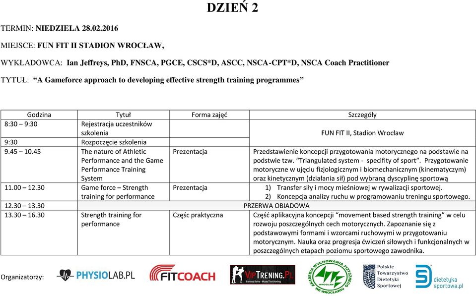 training programmes Godzina Tytuł Forma zajęć Szczegóły 8:30 9:30 Rejestracja uczestników szkolenia FUN FIT II, Stadion Wrocław 9:30 Rozpoczęcie szkolenia 9.45 10.