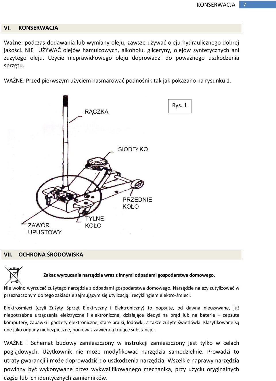 WAŻNE: Przed pierwszym użyciem nasmarować podnośnik tak jak pokazano na rysunku 1. Rys. 1 VII. OCHRONA ŚRODOWISKA Zakaz wyrzucania narzędzia wraz z innymi odpadami gospodarstwa domowego.