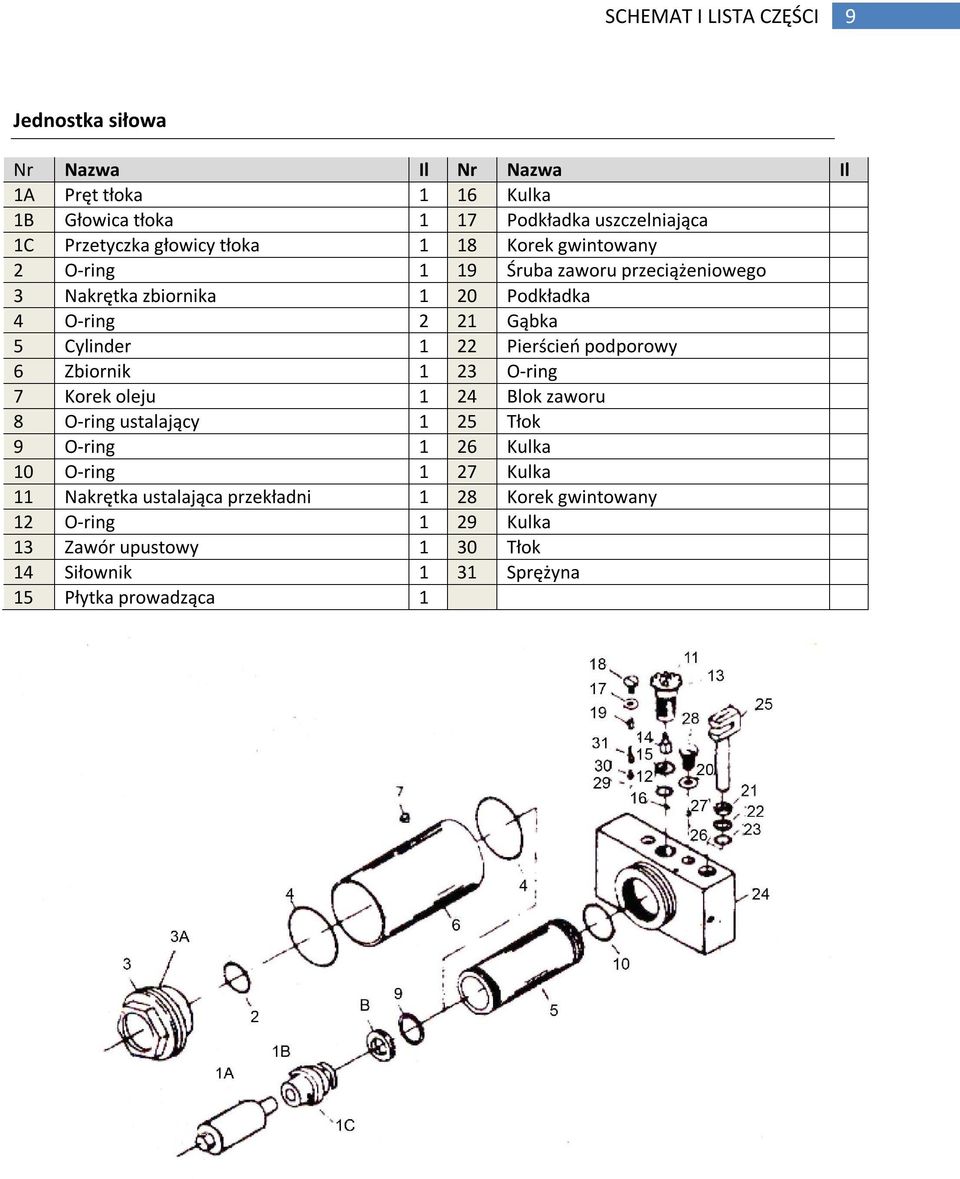 Cylinder 1 22 Pierścień podporowy 6 Zbiornik 1 23 O-ring 7 Korek oleju 1 24 Blok zaworu 8 O-ring ustalający 1 25 Tłok 9 O-ring 1 26 Kulka 10 O-ring 1