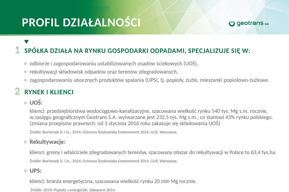 Rynek i Klienci UOŚ: klienci: przedsiębiorstwa wodociągowo-kanalizacyjne, szacowana wielkość rynku 540 tys. Mg s.m. rocznie, w zasięgu geograficznym Geotrans S.A. wytwarzane jest 232,5 tys. Mg s.m., co stanowi 43% rynku polskiego.