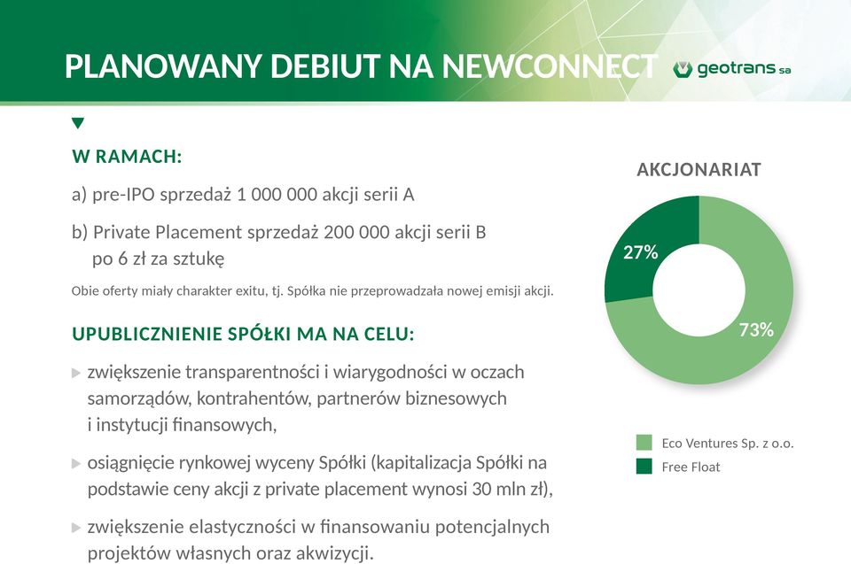 Upublicznienie Spółki ma na celu: zwiększenie transparentności i wiarygodności w oczach samorządów, kontrahentów, partnerów biznesowych i instytucji finansowych,