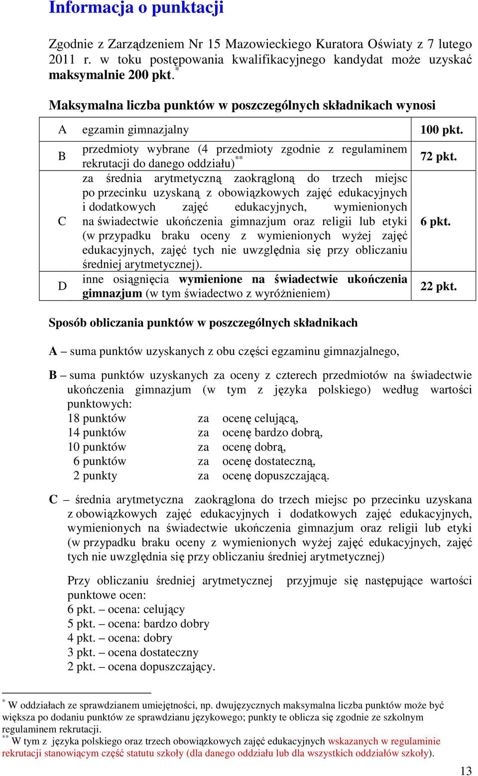 B C D przedmioty wybrane (4 przedmioty zgodnie z regulaminem rekrutacji do danego oddziału) ** za średnia arytmetyczną zaokrągloną do trzech miejsc po przecinku uzyskaną z obowiązkowych zajęć