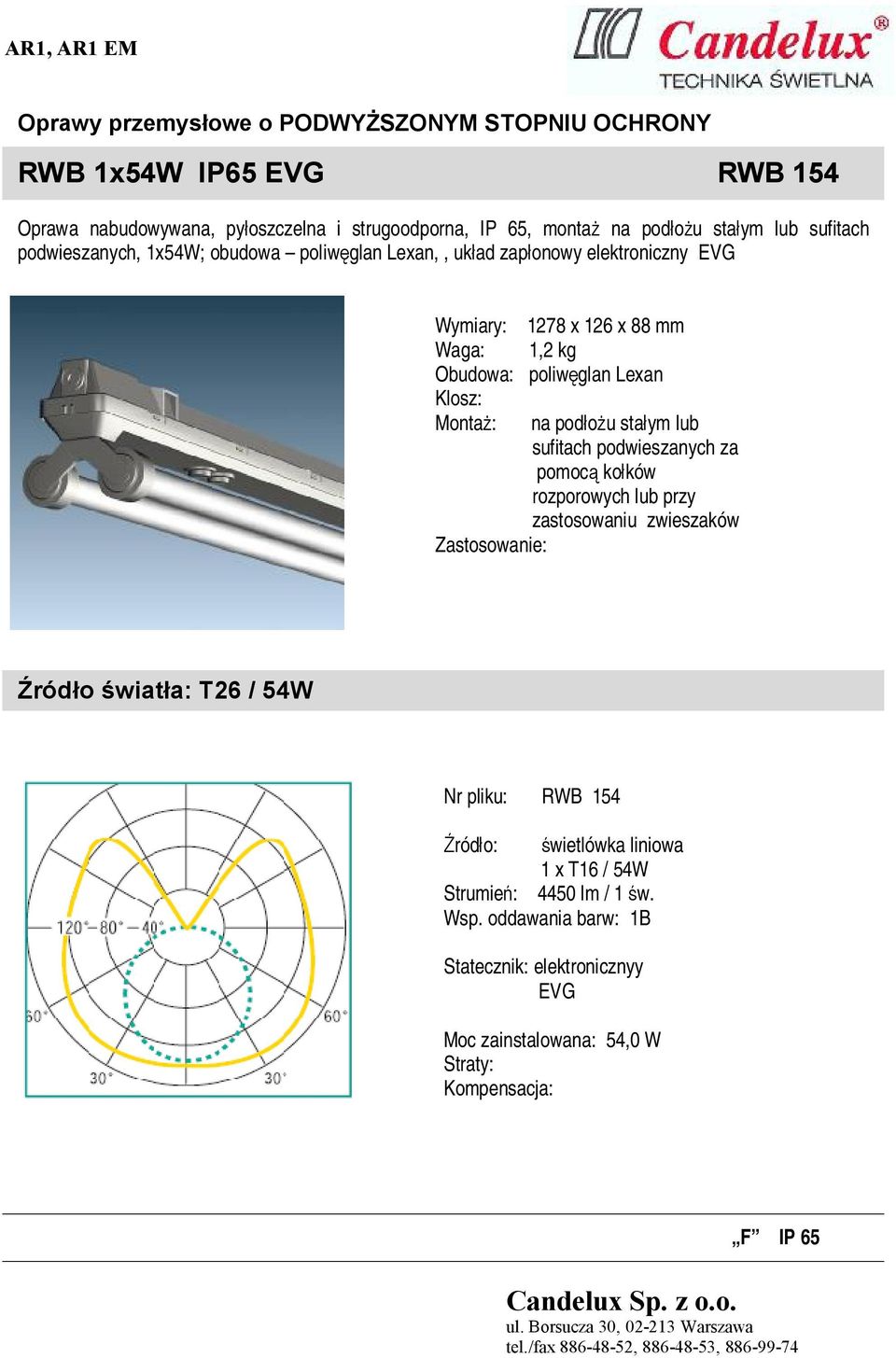 podłożu stałym lub sufitach podwieszanych za pomocą kołków rozporowych lub przy zastosowaniu zwieszaków Zastosowanie: Źródło światła: T26 / 54W Nr pliku: RWB 154 Źródło: