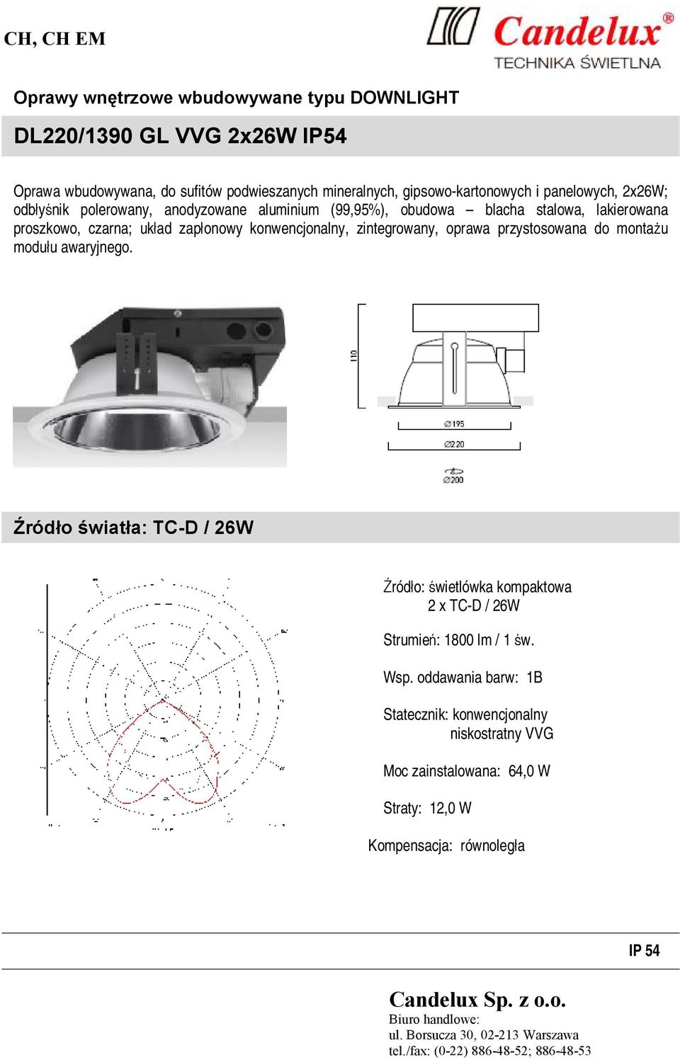 układ zapłonowy konwencjonalny, zintegrowany, oprawa przystosowana do montażu modułu awaryjnego.