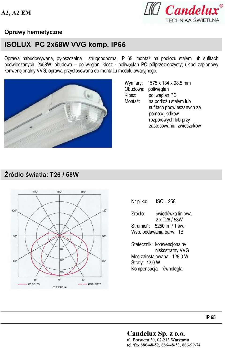 układ zapłonowy konwencjonalny VVG; oprawa przystosowana do montażu modułu awaryjnego.