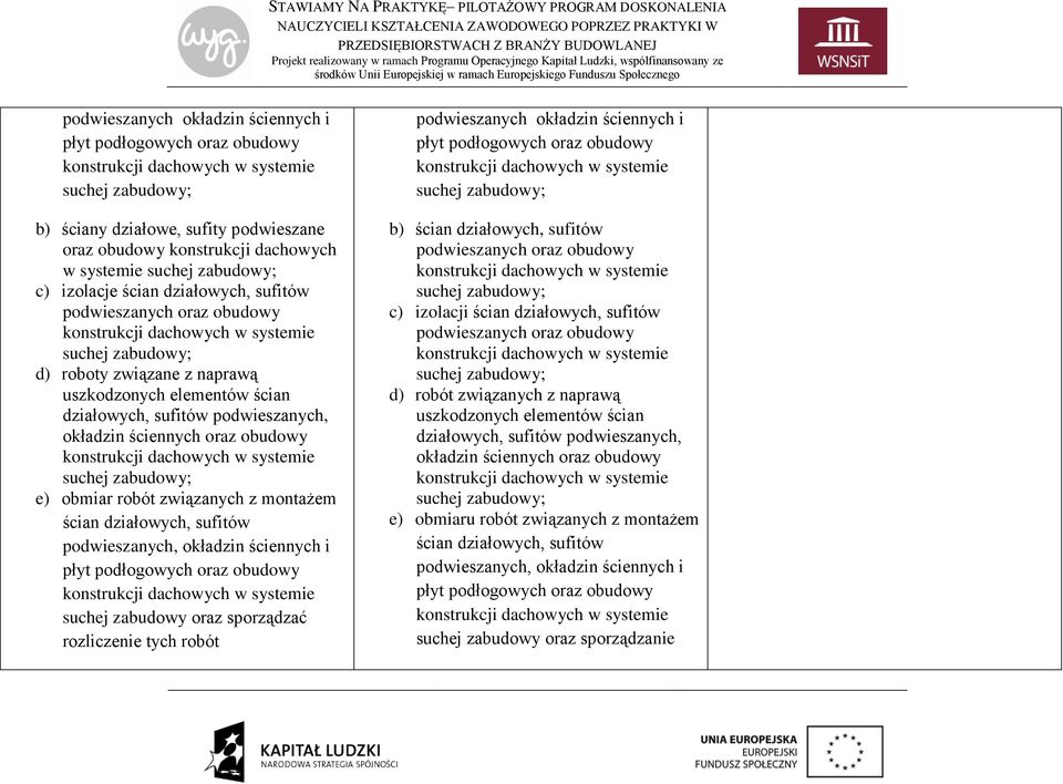 suchej zabudowy; e) obmiar robót związanych z montażem ścian działowych, sufitów podwieszanych, okładzin ściennych i płyt podłogowych oraz obudowy suchej zabudowy oraz sporządzać rozliczenie tych