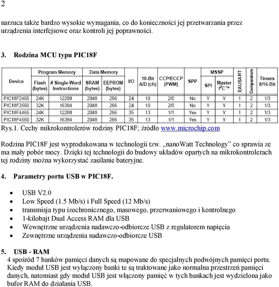 Dzięki tej technologii do budowy układów opartych na mikrokontrolerach tej rodziny można wykorzystać zasilanie bateryjne. 4. Parametry portu USB w PIC18F. USB V2.0 Low Speed (1.