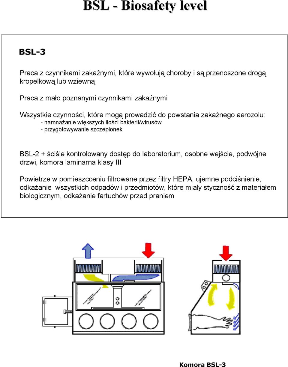 BSL-2 + ściśle kontrolowany dostęp do laboratorium, osobne wejście, podwójne drzwi, komora laminarna klasy III Powietrze w pomieszcceniu filtrowane przez filtry