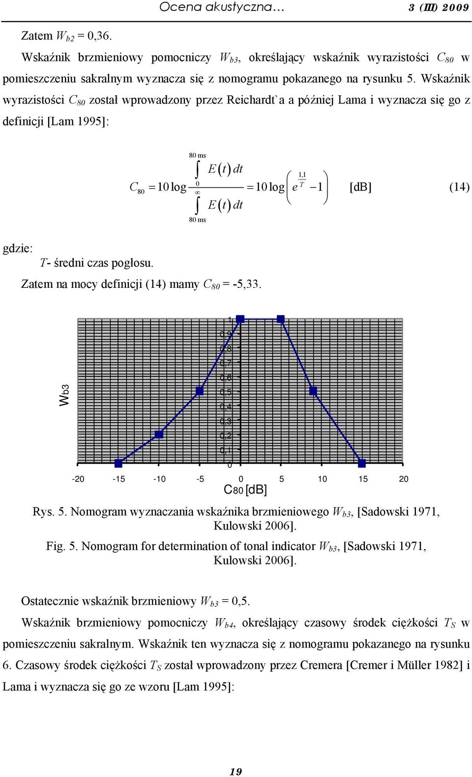 Wskaźnik wyrazistości C 80 został wprowadzony przez Reichardt`a a później Lama i wyznacza się go z definicji [Lam 1995]: C 80 80 ms 80 ms () E t dt 1,1 0 T = 10log = 10log e 1 E t dt () [db] (14)