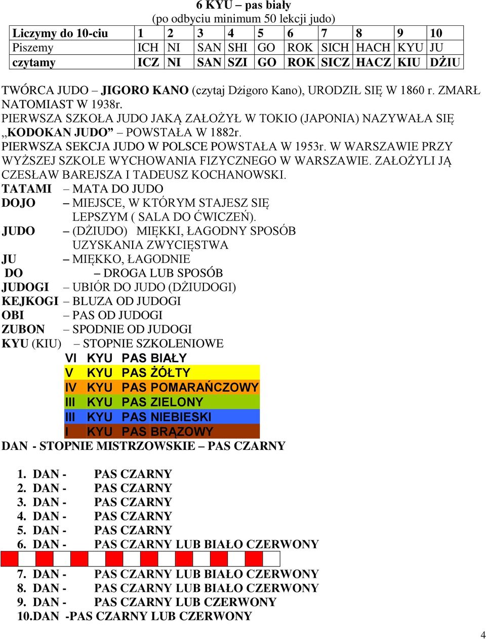 PIERWSZA SEKCJA JUDO W POLSCE POWSTAŁA W 1953r. W WARSZAWIE PRZY WYŻSZEJ SZKOLE WYCHOWANIA FIZYCZNEGO W WARSZAWIE. ZAŁOŻYLI JĄ CZESŁAW BAREJSZA I TADEUSZ KOCHANOWSKI.