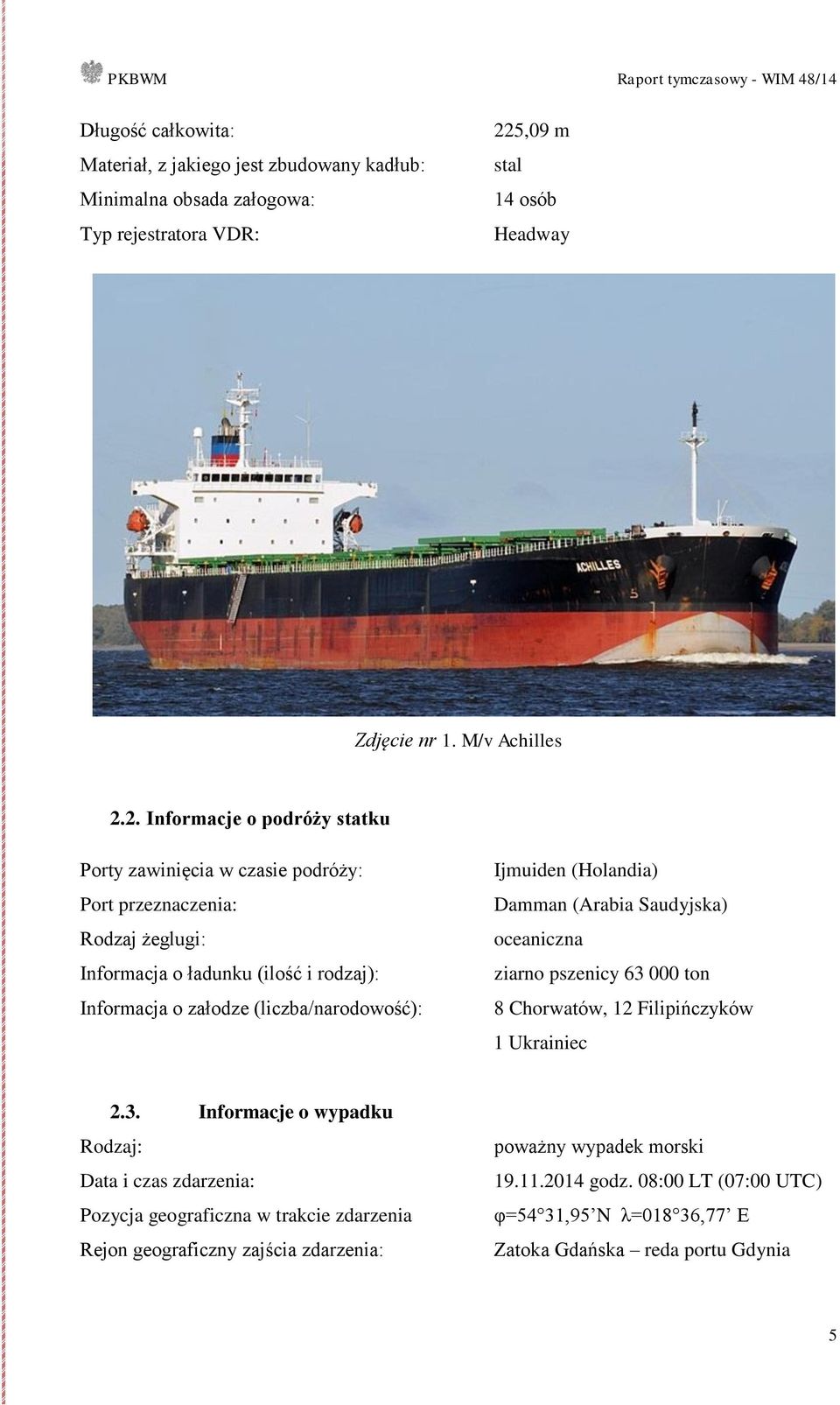 2. Informacje o podróży statku Porty zawinięcia w czasie podróży: Port przeznaczenia: Rodzaj żeglugi: Informacja o ładunku (ilość i rodzaj): Informacja o załodze (liczba/narodowość):