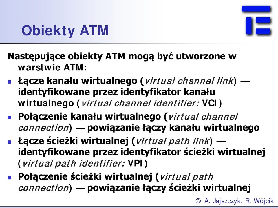 channel connection) powiązanie łączy kanału wirtualnego Łącze ścieżki wirtualnej (virtual path link) identyfikowane przez