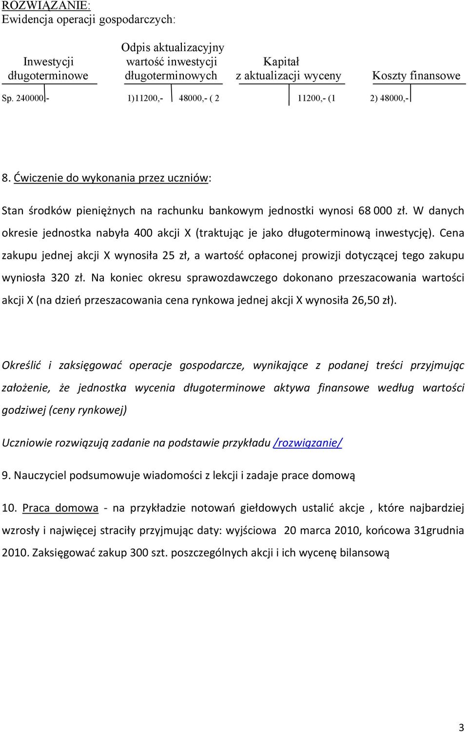 W danych okresie jednostka nabyła 400 akcji X (traktując je jako długoterminową inwestycję).