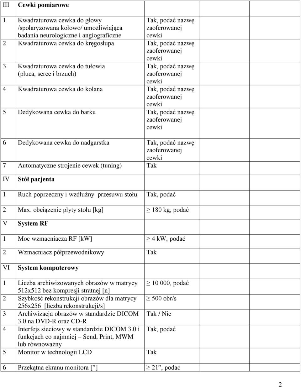 Automatyczne strojenie cewek (tuning) IV Stół pacjenta 1 Ruch poprzeczny i wzdłużny przesuwu stołu, podać 2 Max.