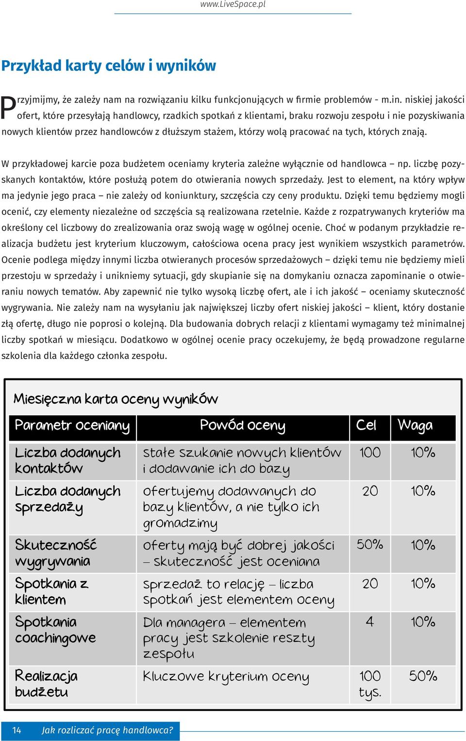 tych, których znają. W przykładowej karcie poza budżetem oceniamy kryteria zależne wyłącznie od handlowca np. liczbę pozyskanych kontaktów, które posłużą potem do otwierania nowych sprzedaży.