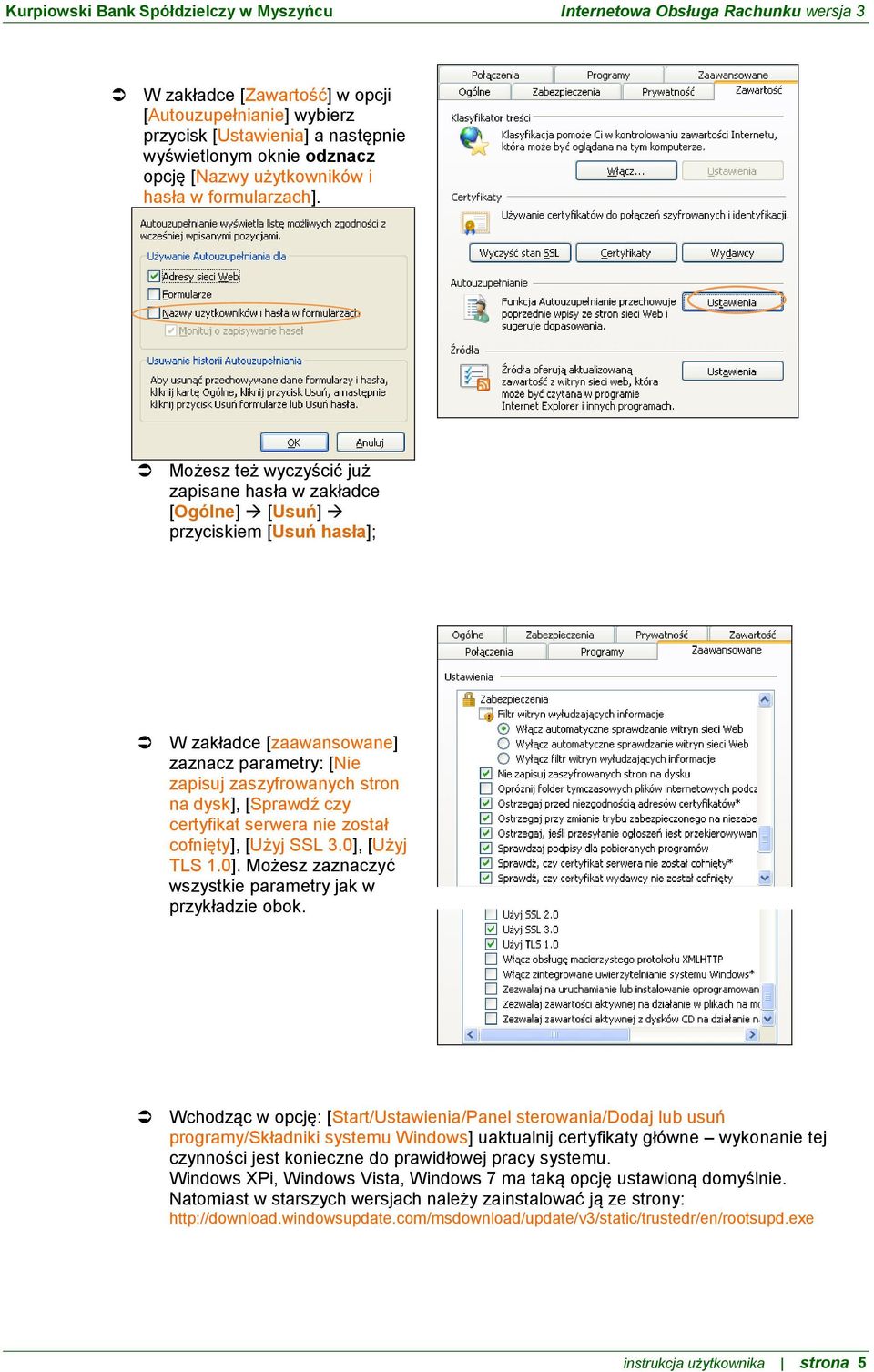 certyfikat serwera nie został cofnięty], [Użyj SSL 3.0], [Użyj TLS 1.0]. Możesz zaznaczyć wszystkie parametry jak w przykładzie obok.