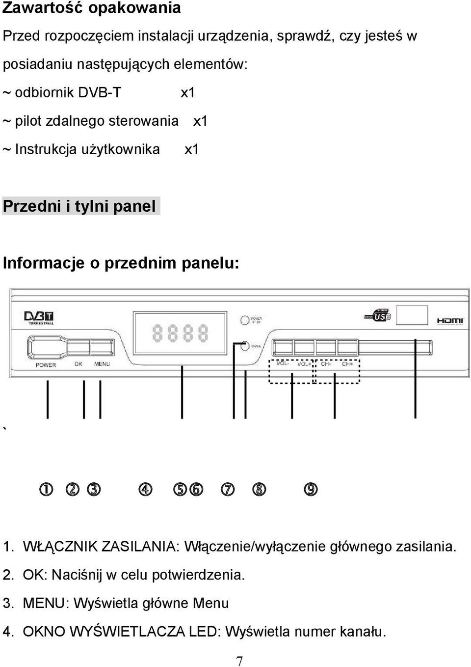 panel Informacje o przednim panelu: ` 1. WŁĄCZNIK ZASILANIA: Włączenie/wyłączenie głównego zasilania. 2.