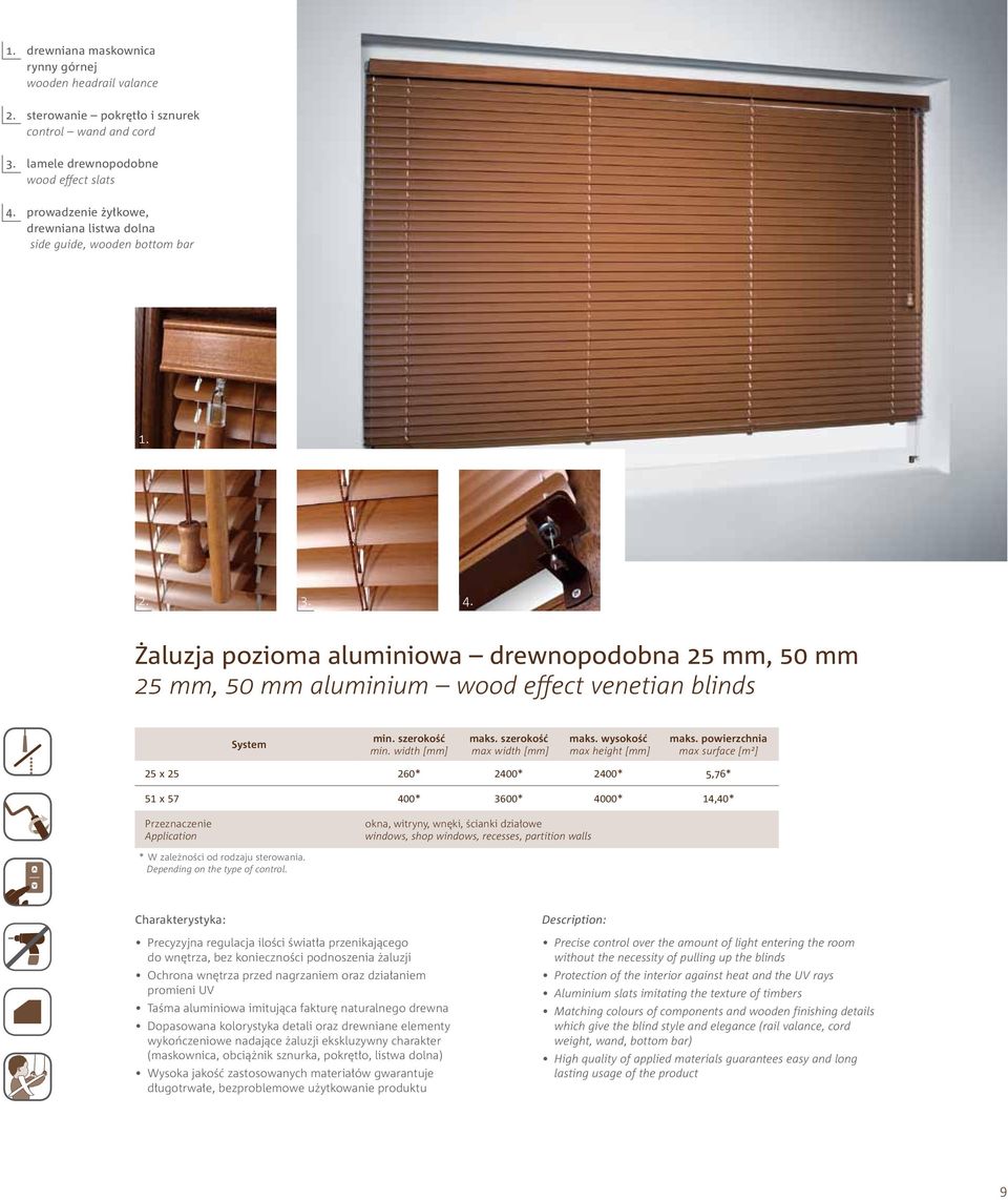 Żaluzja pozioma aluminiowa drewnopodobna 25 mm, 50 mm 25 mm, 50 mm aluminium wood effect venetian blinds System min. szerokość min. width [mm] maks. szerokość max width [mm] maks.