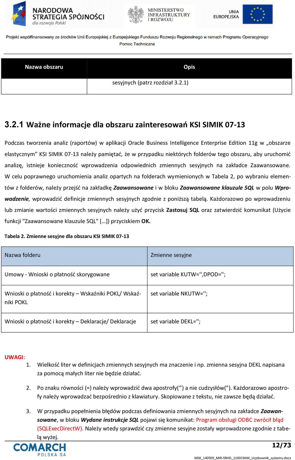 1 Ważne informacje dla obszaru zainteresowao KSI SIMIK 07-13 Podczas tworzenia analiz (raportów) w aplikacji Oracle Business Intelligence Enterprise Edition 11g w obszarze elastycznym KSI SIMIK 07-13