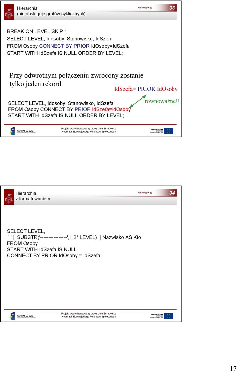 LEVEL, Idosoby, Stanowisko, IdSzefa FROM Osoby CONNECT BY PRIOR IdSzefa=IdOsoby START WITH IdSzefa IS NULL ORDER BY LEVEL; równoważne!