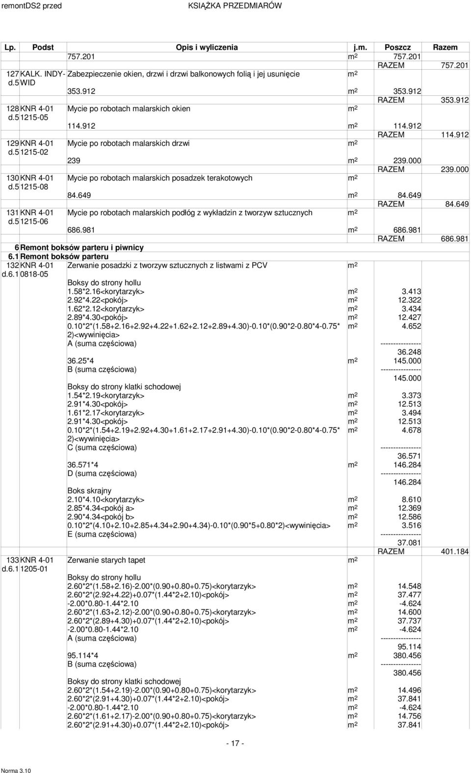 5 1215-08 84.649 2 84.649 RAZEM 84.649 131KNR 4-01 Mycie po robotach alarskich podłóg z wykładzin z tworzyw sztucznych 2 d.5 1215-06 686.981 2 686.981 RAZEM 686.981 6 Reont boksów parteru i piwnicy 6.