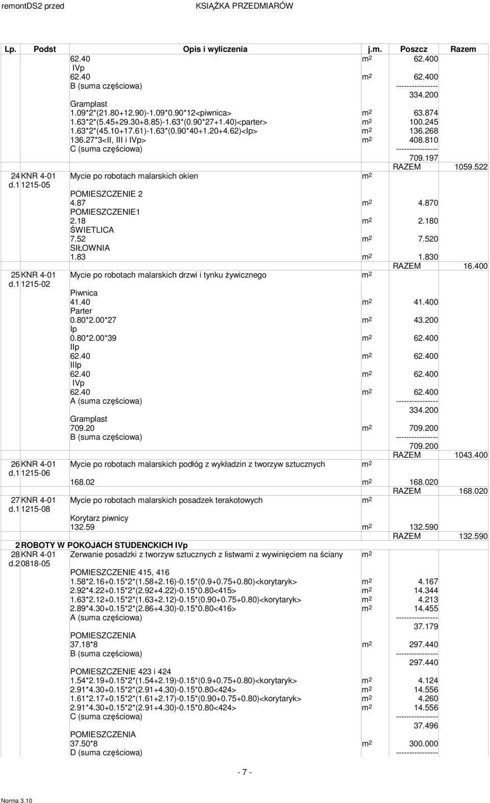 1 1215-08 POMIESZCZENIE 2 4.87 2 4.870 POMIESZCZENIE1 2.18 2 2.180 ŚWIETLICA 7.52 2 7.520 SIŁOWNIA 1.83 2 1.830 RAZEM 16.400 Mycie po robotach alarskich drzwi i tynku Ŝywicznego 2 Piwnica 41.40 2 41.