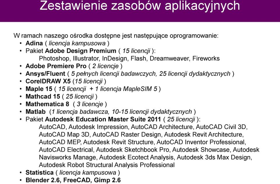 + 1 licencja MapleSIM 5 ) Mathcad 15 ( 25 licencji ) Mathematica 8 ( 3 licencje ) Matlab (1 licencja badawcza, 10-15 licencji dydaktycznych ) Pakiet Autodesk Education Master Suite 2011 ( 25 licencji