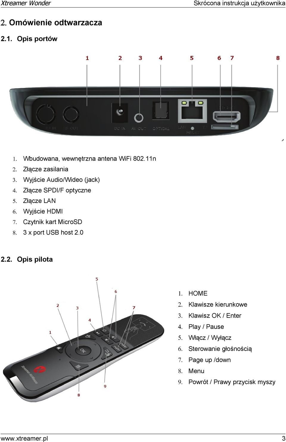 3 x port USB host 2.0 2.2. Opis pilota 1. HOME 2. Klawisze kierunkowe 3. Klawisz OK / Enter 4. Play / Pause 5.