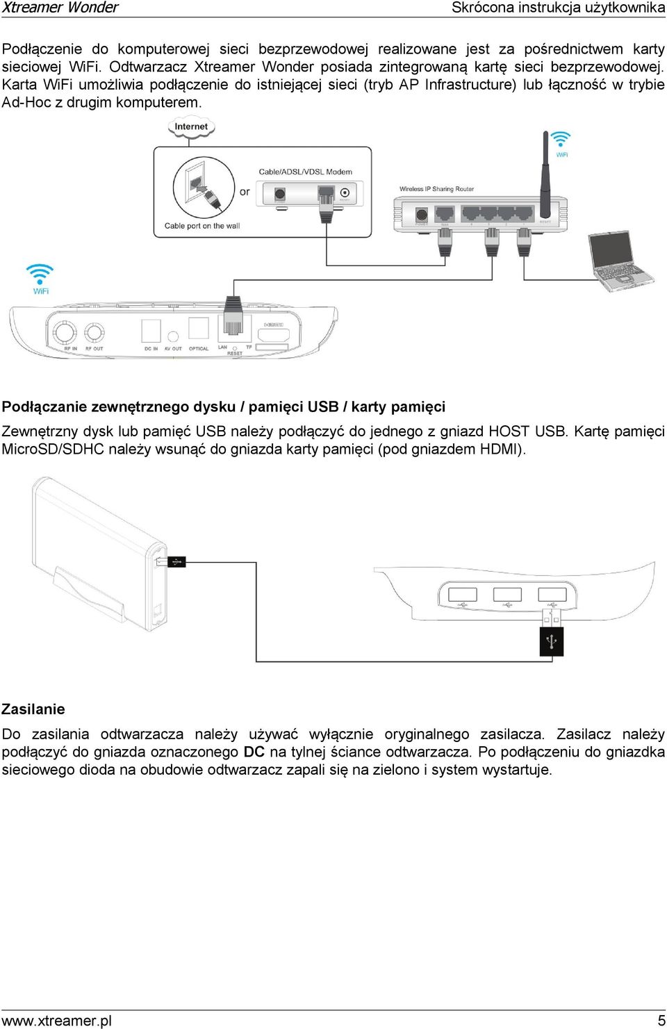 Podłączanie zewnętrznego dysku / pamięci USB / karty pamięci Zewnętrzny dysk lub pamięć USB należy podłączyć do jednego z gniazd HOST USB.