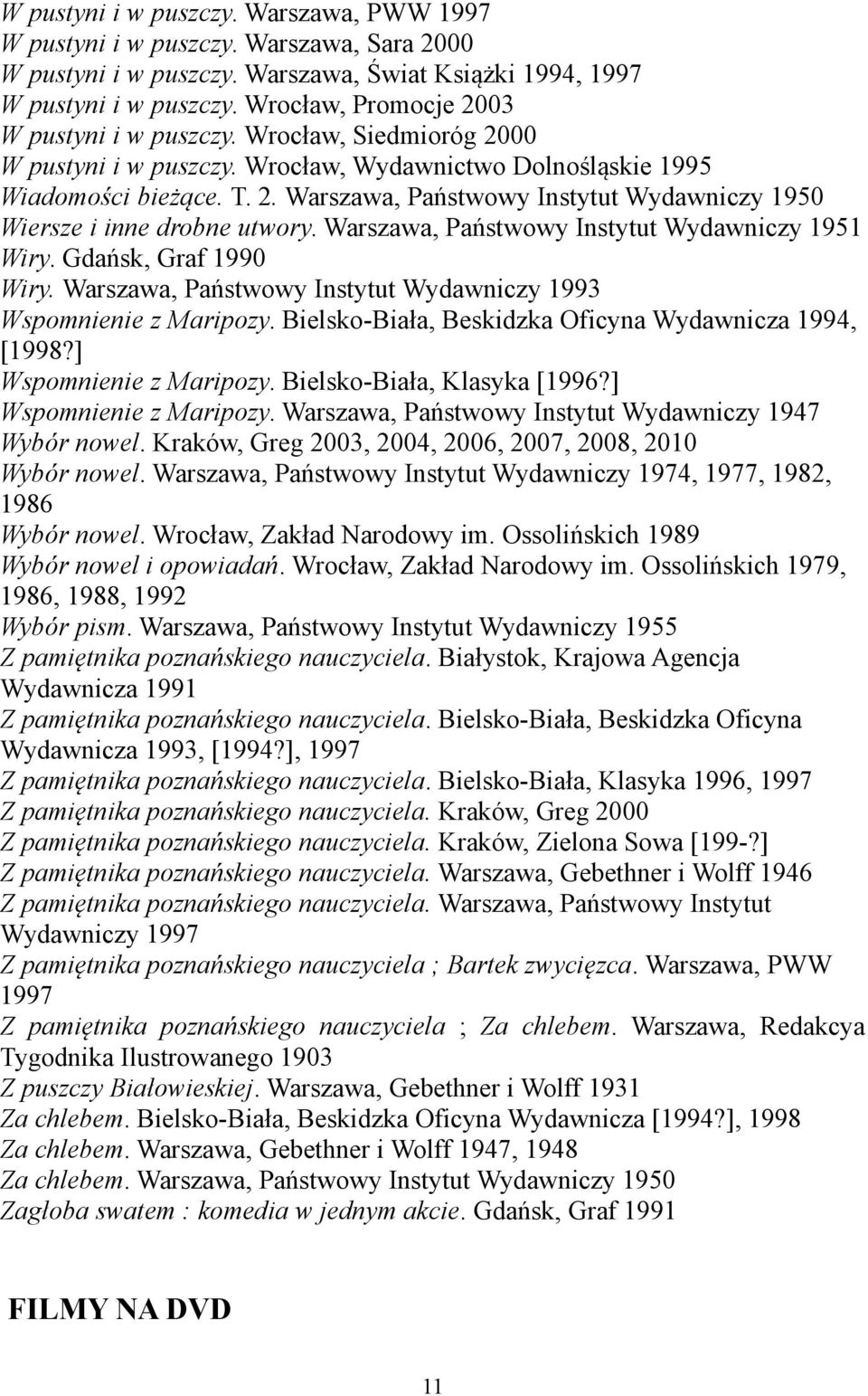 Warszawa, Państwowy Instytut Wydawniczy 1951 Wiry. Gdańsk, Graf 1990 Wiry. Warszawa, Państwowy Instytut Wydawniczy 1993 Wspomnienie z Maripozy. Bielsko-Biała, Beskidzka Oficyna Wydawnicza 1994, [1998?