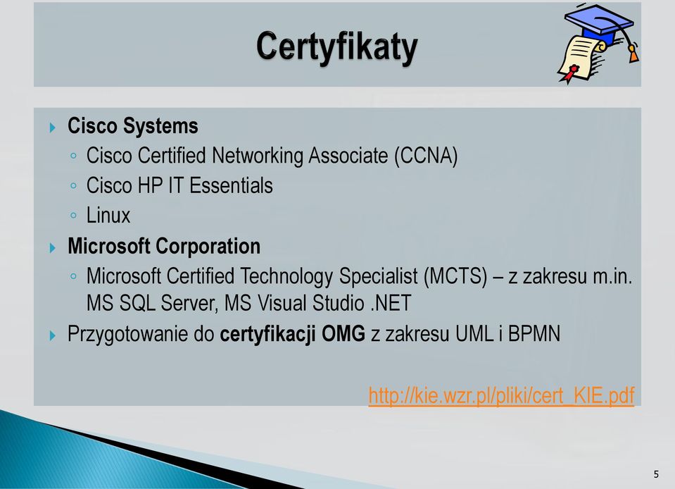 Specialist (MCTS) z zakresu m.in. MS SQL Server, MS Visual Studio.