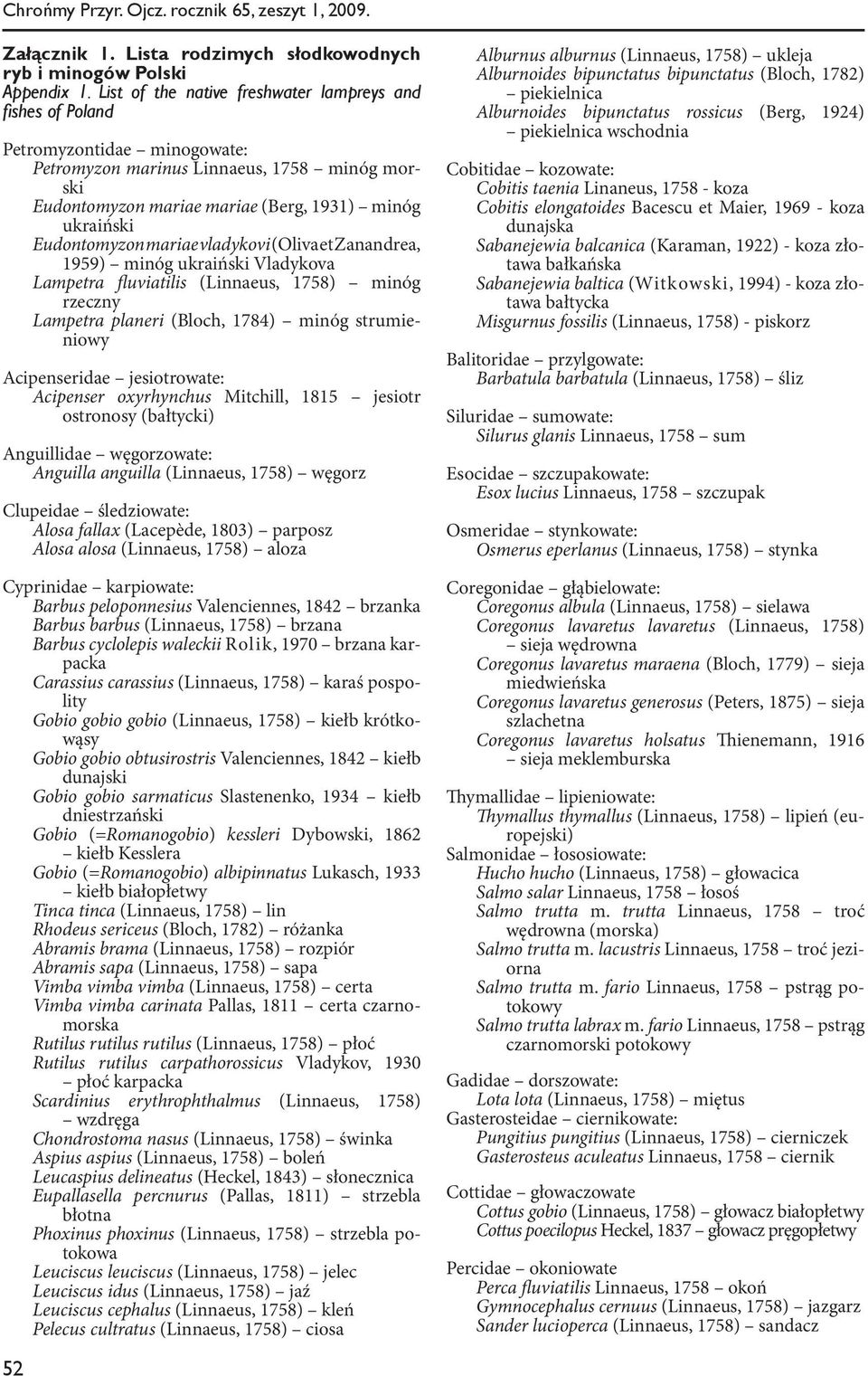 Eudontomyzon mariae vladykovi (Oliva et Zanandrea, 1959) minóg ukraiński Vladykova Lampetra fluviatilis (Linnaeus, 1758) minóg rzeczny Lampetra planeri (Bloch, 1784) minóg strumieniowy Acipenseridae