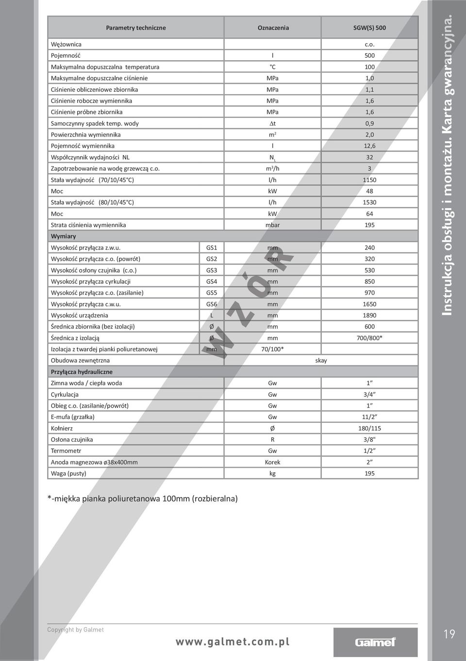 Pojemność l 500 Maksymalna dopuszczalna temperatura C 100 Maksymalne dopuszczalne ciśnienie MPa 1,0 Ciśnienie obliczeniowe zbiornika MPa 1,1 Ciśnienie robocze wymiennika MPa 1,6 Ciśnienie próbne