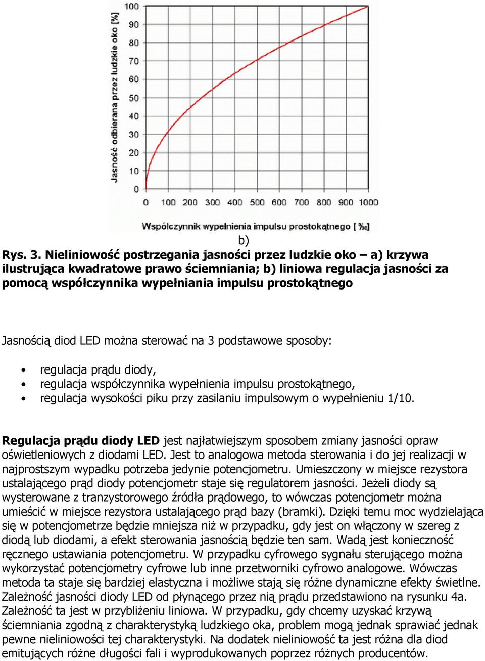 Jasnością diod LED moŝna sterować na 3 podstawowe sposoby: regulacja prądu diody, regulacja współczynnika wypełnienia impulsu prostokątnego, regulacja wysokości piku przy zasilaniu impulsowym o