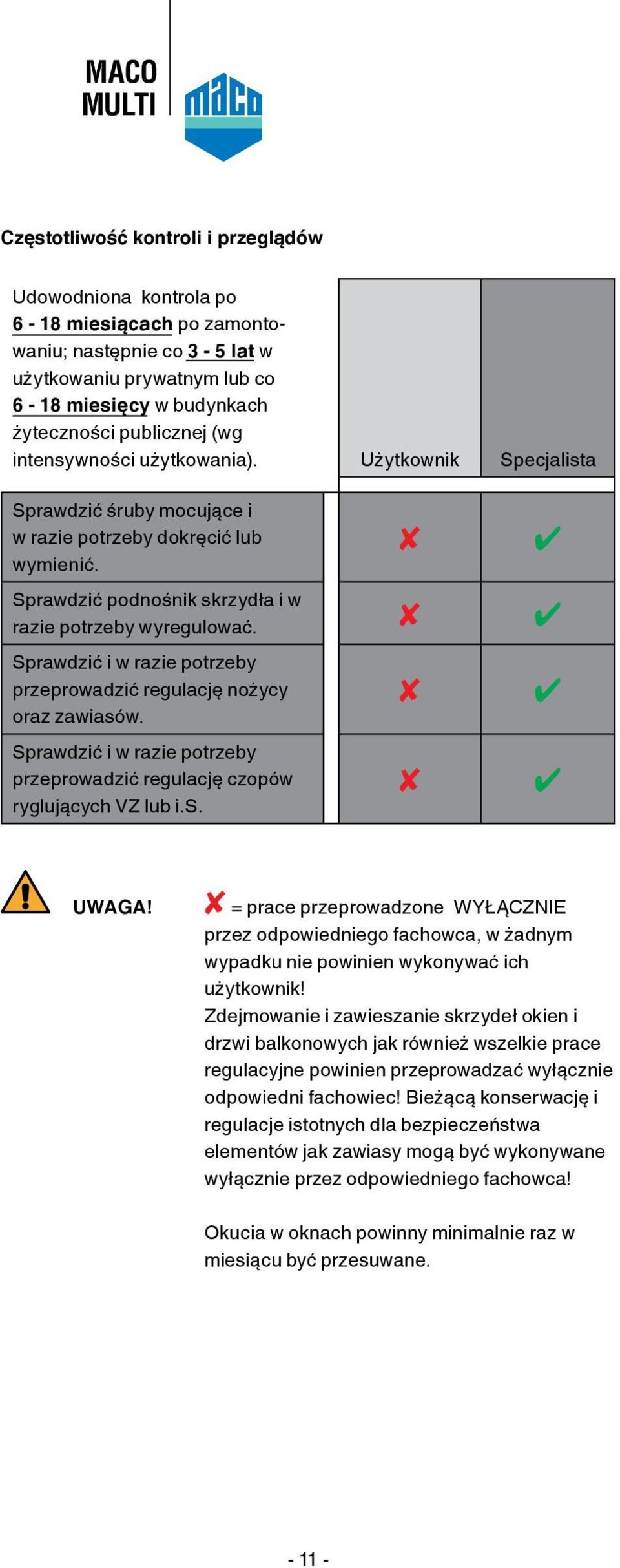 Sprawdzić i w razie potrzeby przeprowadzić regulację nożycy oraz zawiasów. Sprawdzić i w razie potrzeby przeprowadzić regulację czopów ryglujących VZ lub i.s. UWAGA!