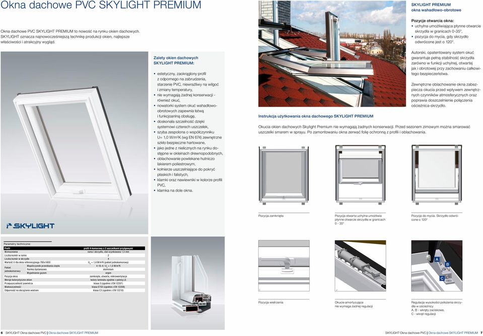 Zalety okien dachowych SKYLIGHT PREMIUM: estetyczny, zaokrąglony profil z odpornego na zabrudzenia, starzenie PVC, niewrażliwy na wilgoć i zmiany temperatury, nie wymagają żadnej konserwacji -