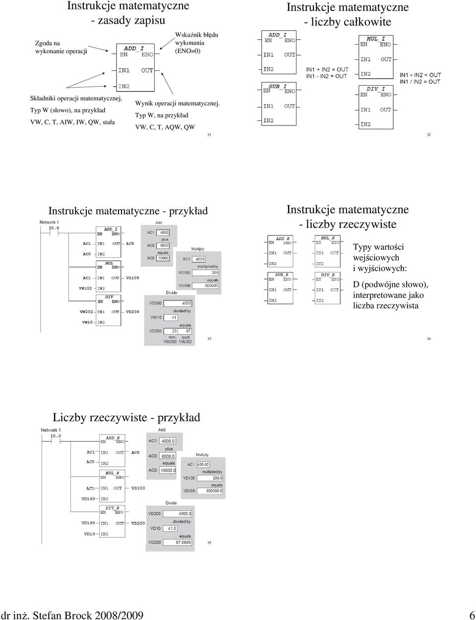 Typ W, na przykład VW, C, T, AQW, QW 31 32 Instrukcje matematyczne - przykład Instrukcje matematyczne - liczby rzeczywiste Typy wartości