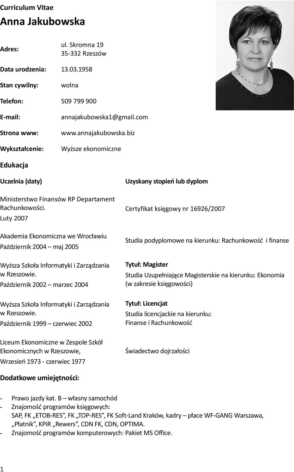 Luty 2007 Akademia Ekonomiczna we Wrocławiu Październik 2004 maj 2005 Wyższa Szkoła Informatyki i Zarządzania w Rzeszowie.