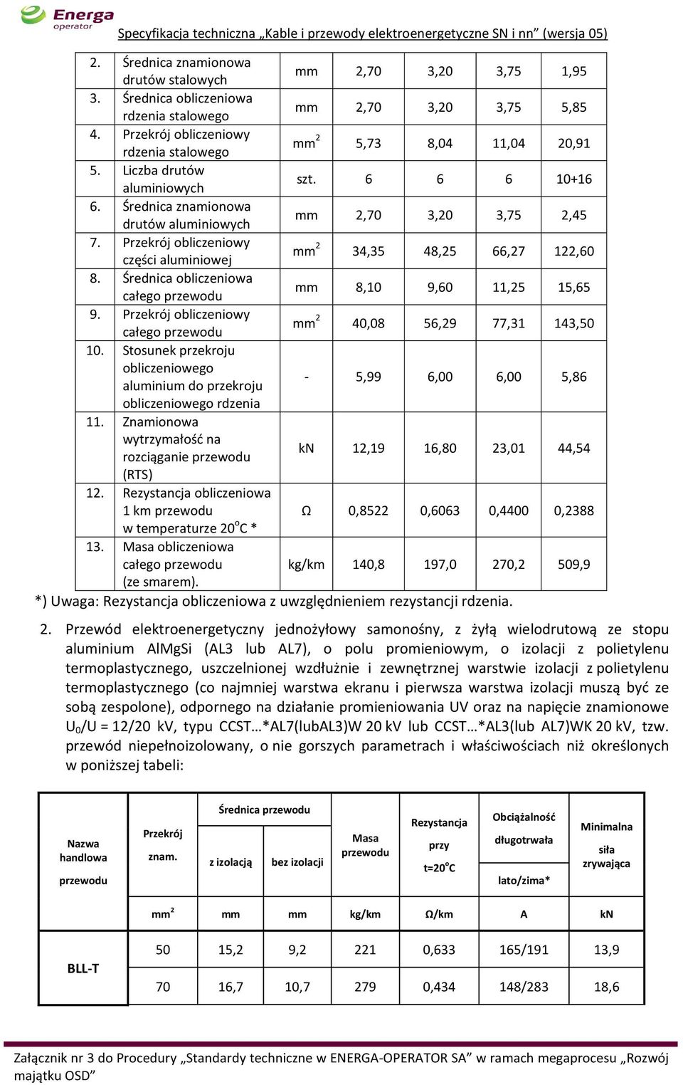 Przekrój obliczeniowy części aluminiowej mm 2 34,35 48,25 66,27 122,60 8. Średnica obliczeniowa całego przewodu mm 8,10 9,60 11,25 15,65 9.