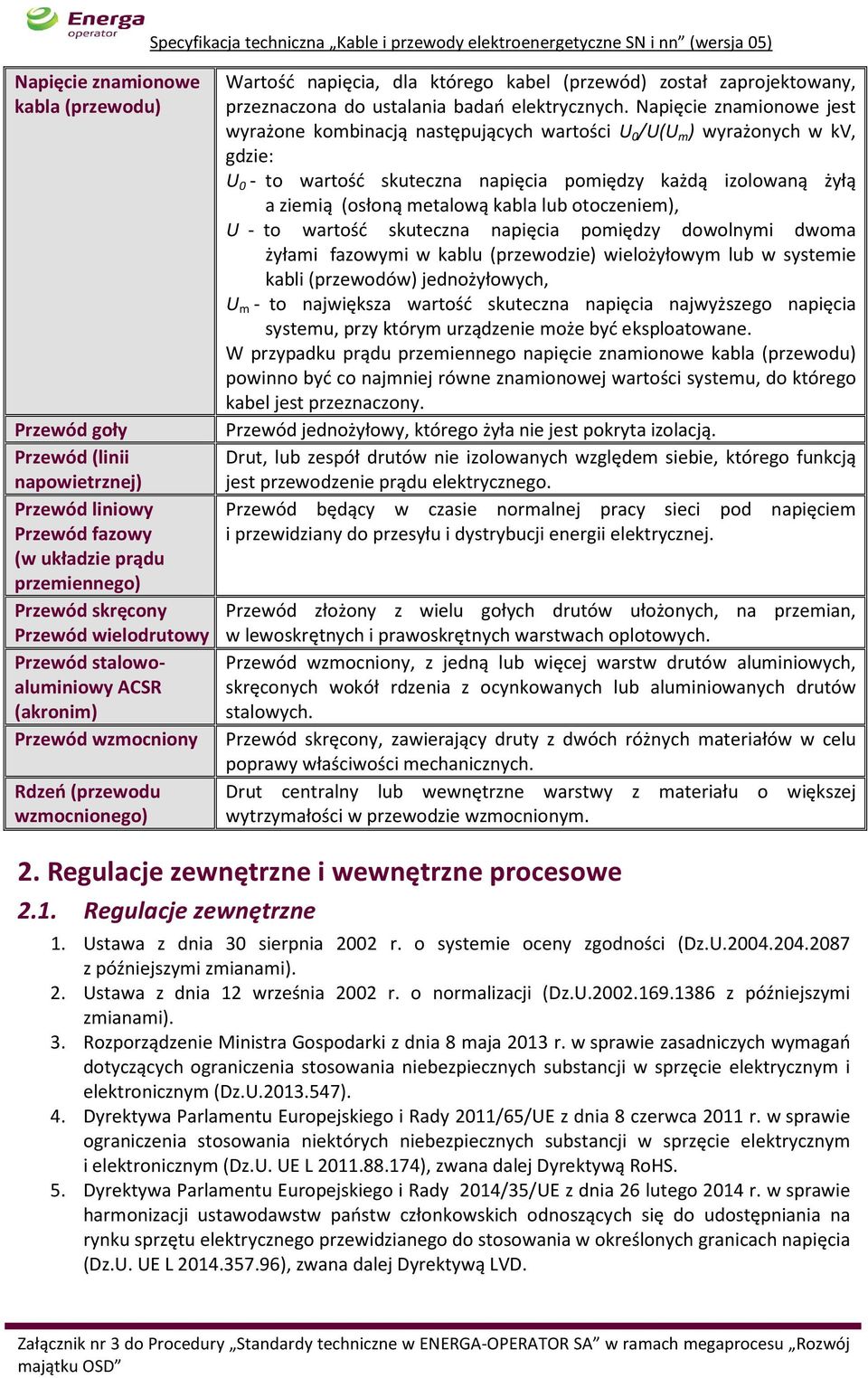 Napięcie znamionowe jest wyrażone kombinacją następujących wartości U 0 /U(U m ) wyrażonych w kv, gdzie: U 0 - to wartość skuteczna napięcia pomiędzy każdą izolowaną żyłą a ziemią (osłoną metalową