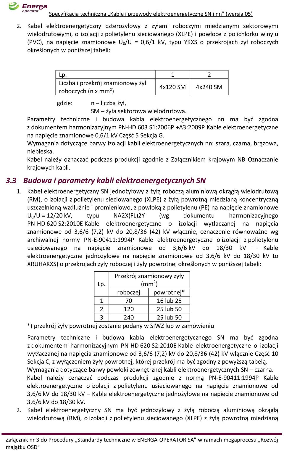 1 2 Liczba i przekrój znamionowy żył roboczych (n x mm²) 4x120 SM 4x240 SM gdzie: n liczba żył, SM żyła sektorowa wielodrutowa.