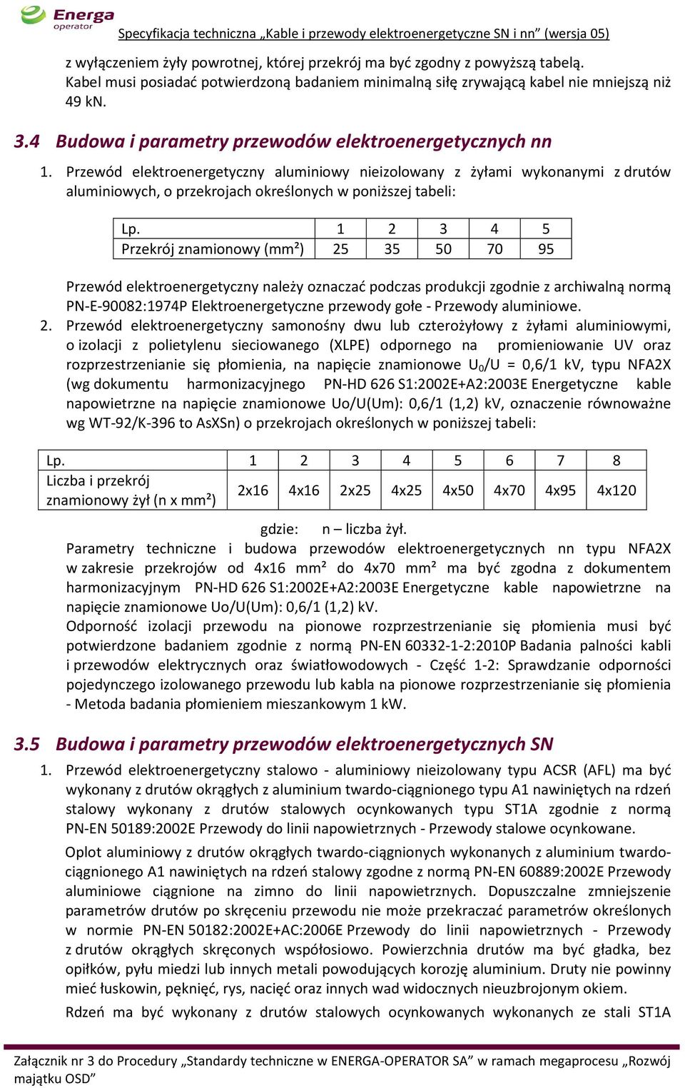 Przewód elektroenergetyczny aluminiowy nieizolowany z żyłami wykonanymi z drutów aluminiowych, o przekrojach określonych w poniższej tabeli: Lp.