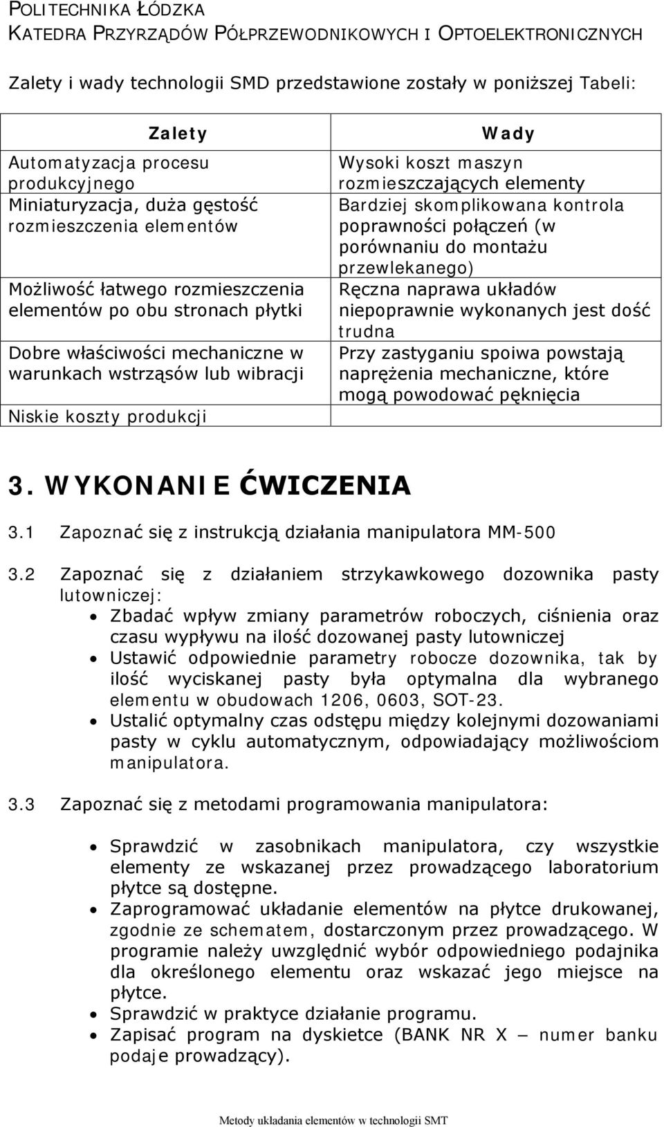 skomplikowana kontrola poprawności połączeń (w porównaniu do montażu przewlekanego) Ręczna naprawa układów niepoprawnie wykonanych jest dość trudna Przy zastyganiu spoiwa powstają naprężenia