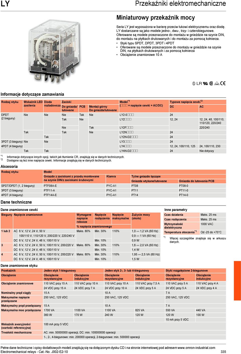 Styki typu SPDT, DPDT, 3PDT i 4PDT Oferowane są modele przeznaczone do montażu w gnieździe na szynie DIN, na płytkach drukowanych i za pomocą kołnierza znamionowe 10 A S LR Informacje dotyczące