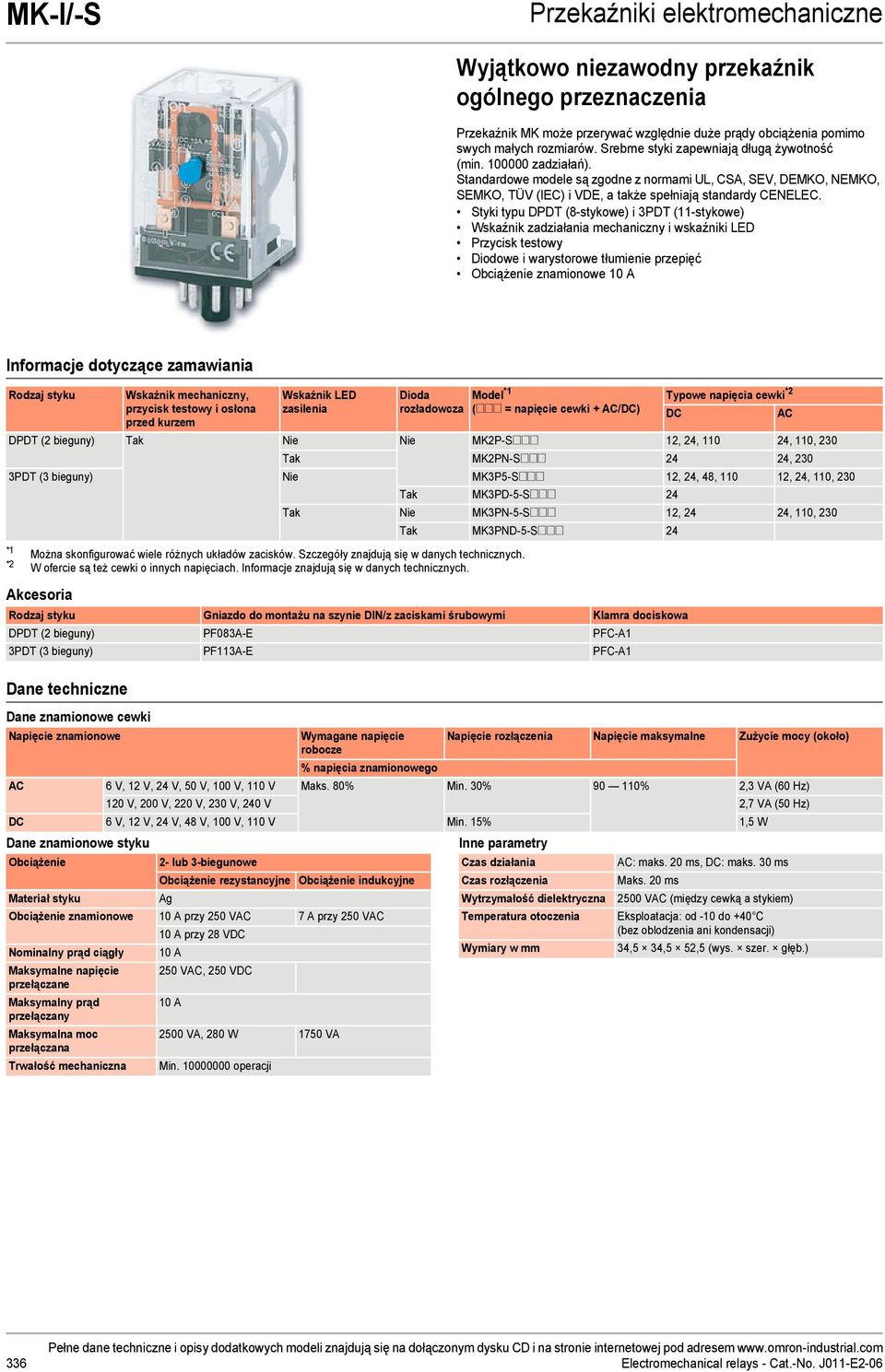 Styki typu DPDT (8-stykowe) i 3PDT (11-stykowe) Wskaźnik zadziałania mechaniczny i wskaźniki LED Przycisk testowy Diodowe i warystorowe tłumienie przepięć znamionowe 10 A Informacje dotyczące