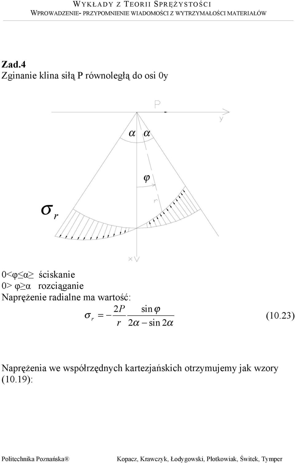 Zginanie klina siłą ównoległą do osi 0 0<φ ściskanie 0> φ ociąganie Napężenie